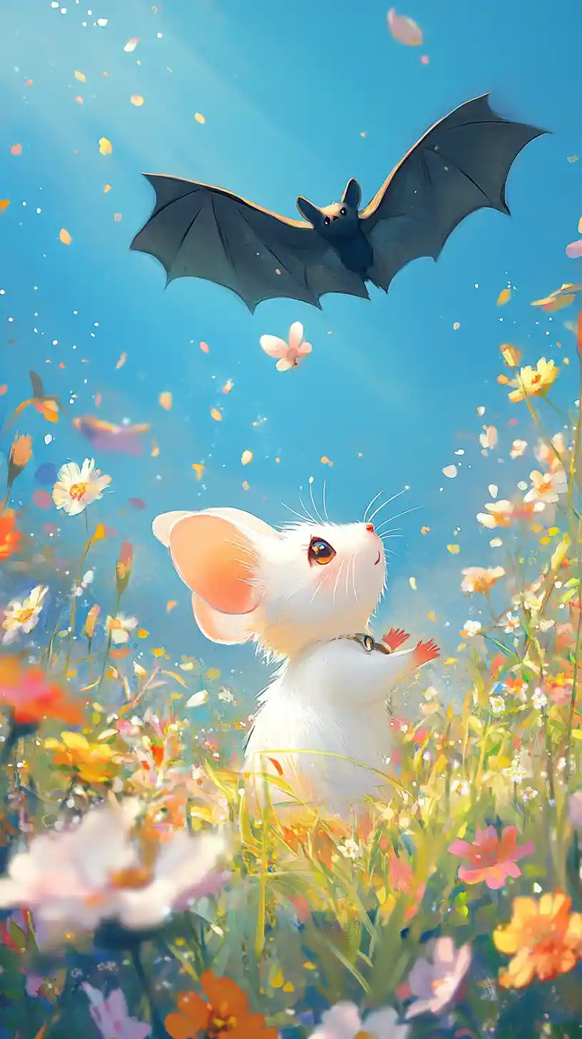 Cute white mouse in a sunny flower field illustration