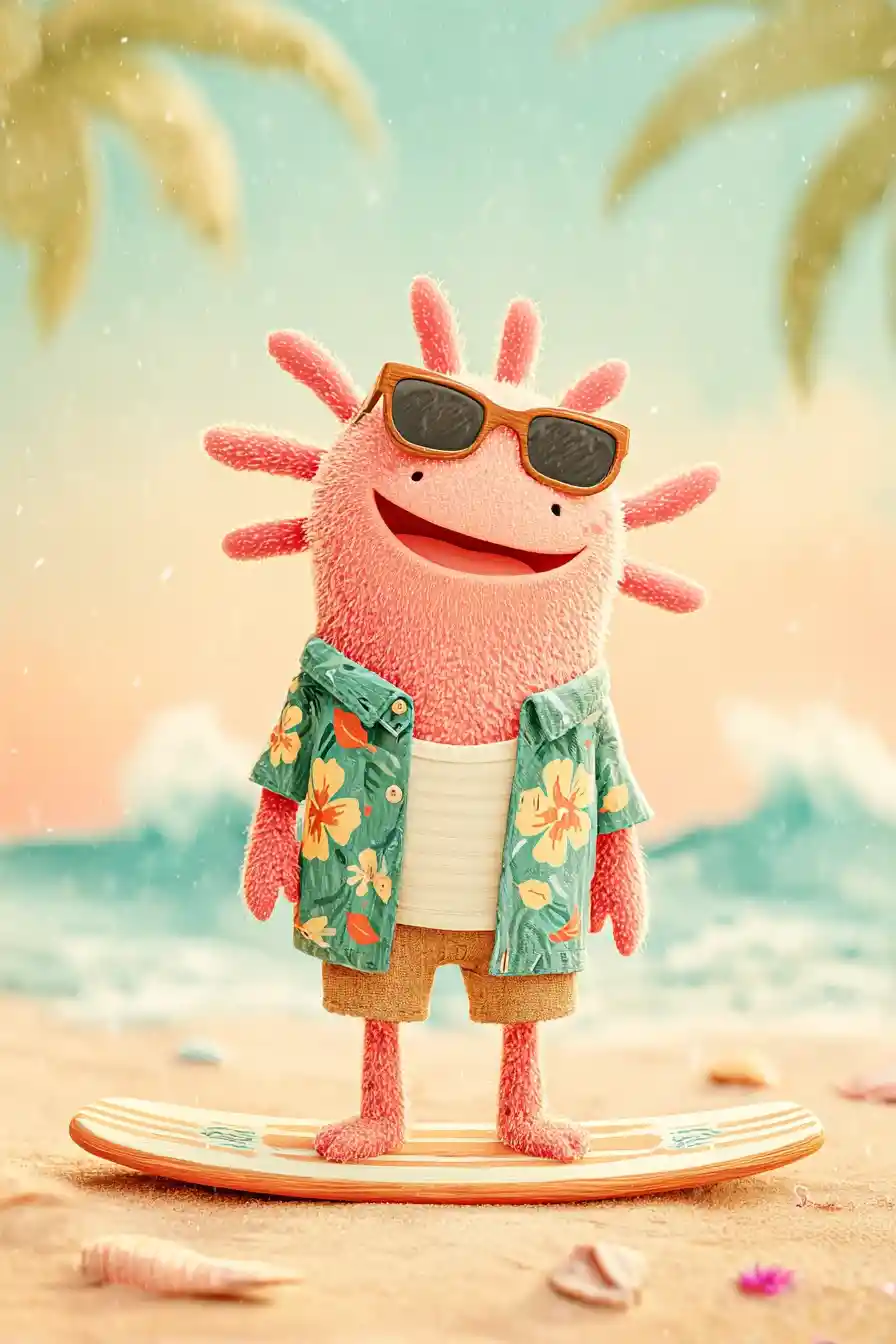 Cheerful axolotl in sunglasses relaxing on a beach surfboard
