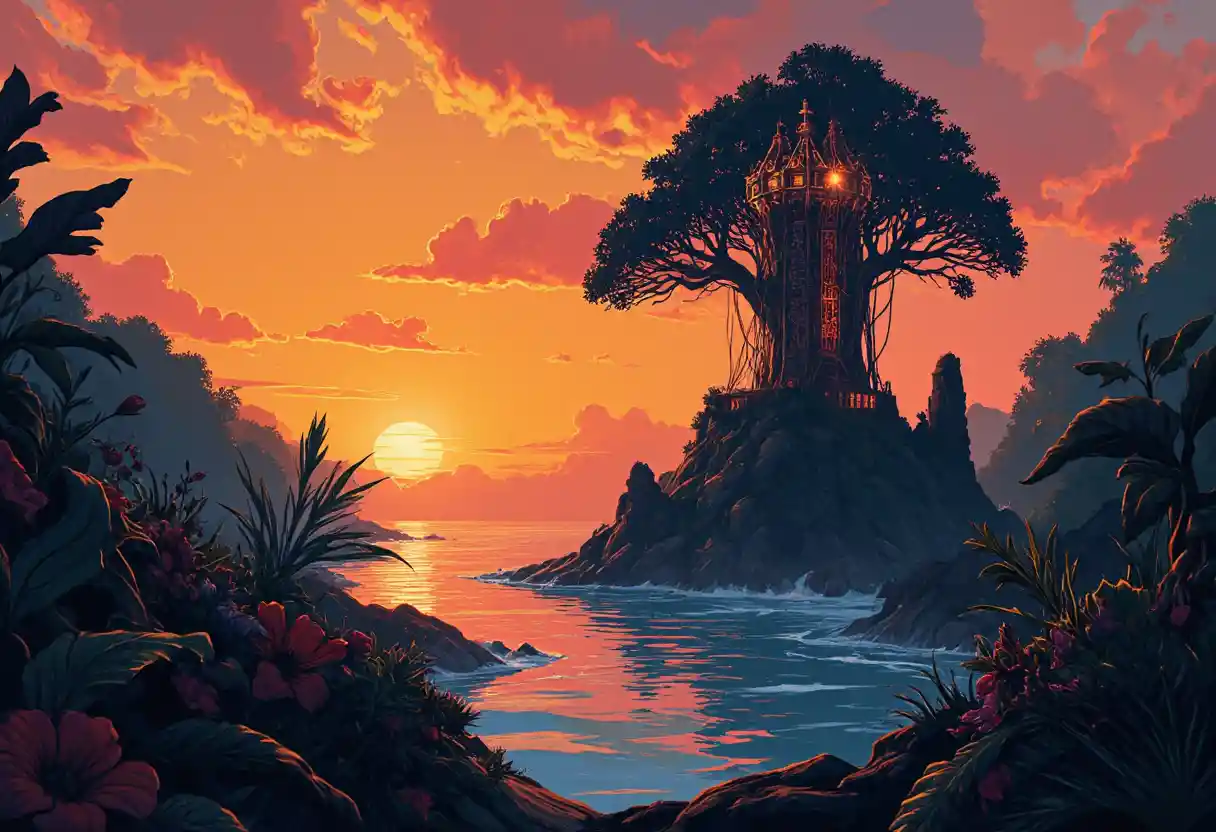Biolumineszenter Baum-Leuchtturm im üppigen Fantasy-Dschungel