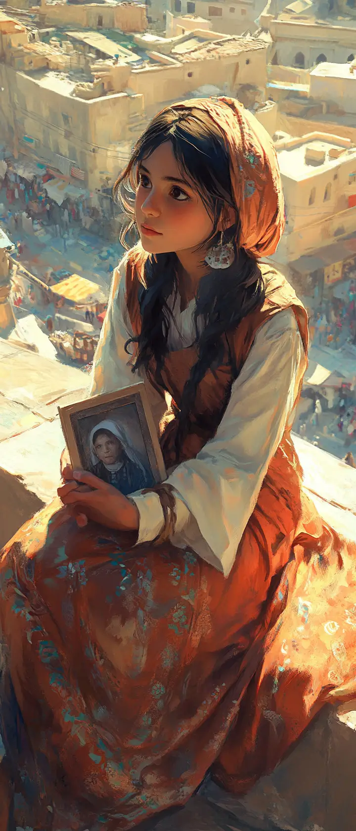 Young girl on rooftop above souk holding old photograph