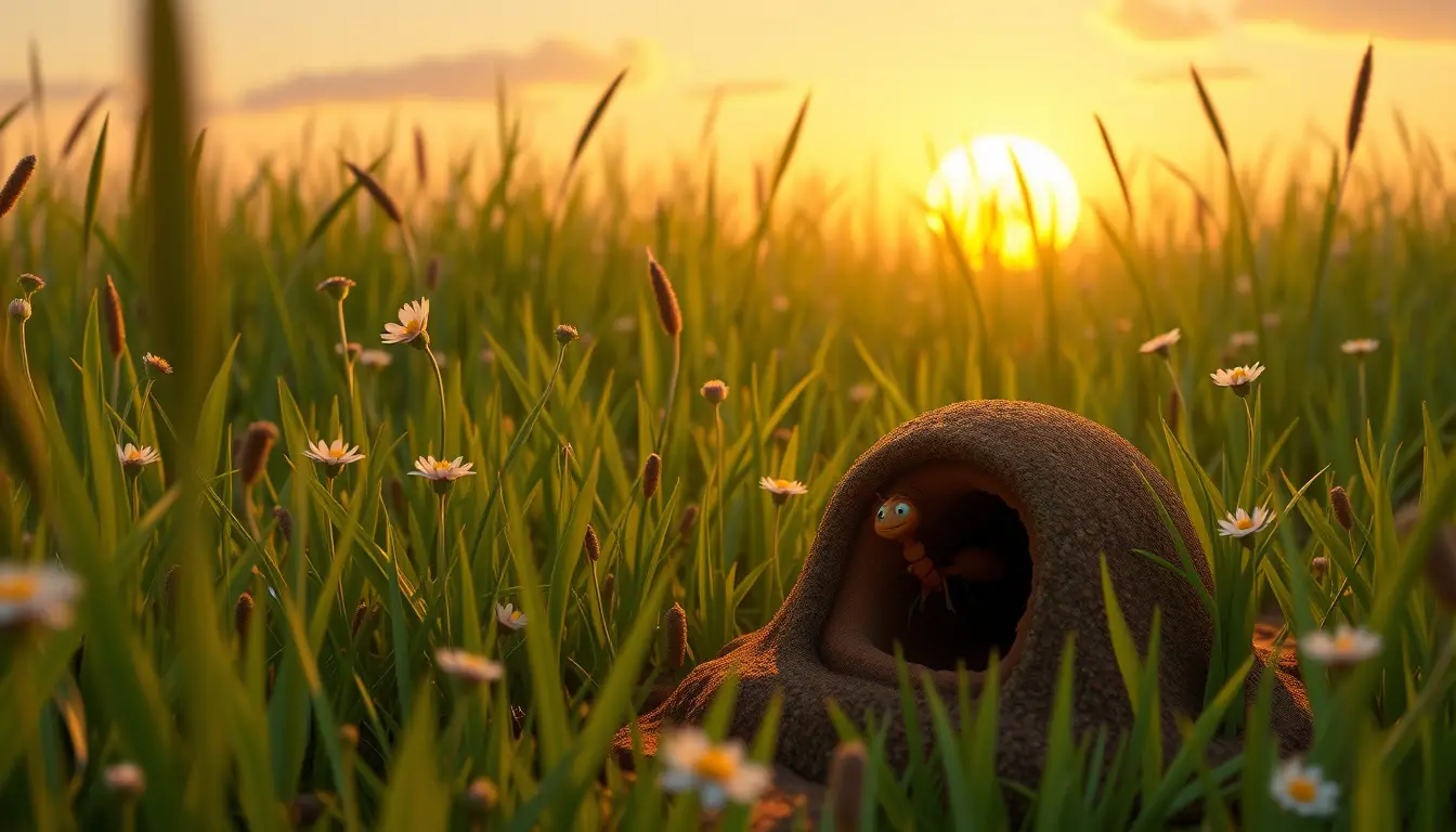 Ant waking up in a sunny 3d meadow scene
