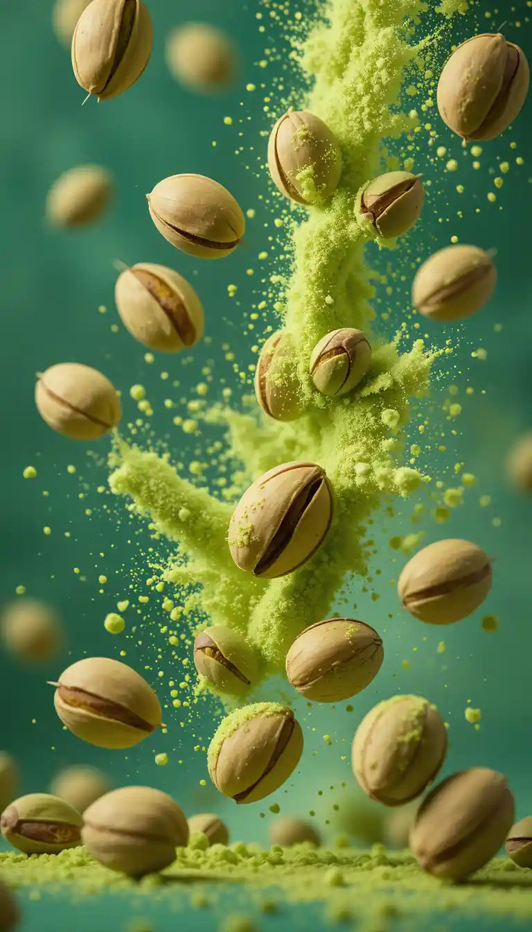 Floating pistachios with exploding green powder on dark mint