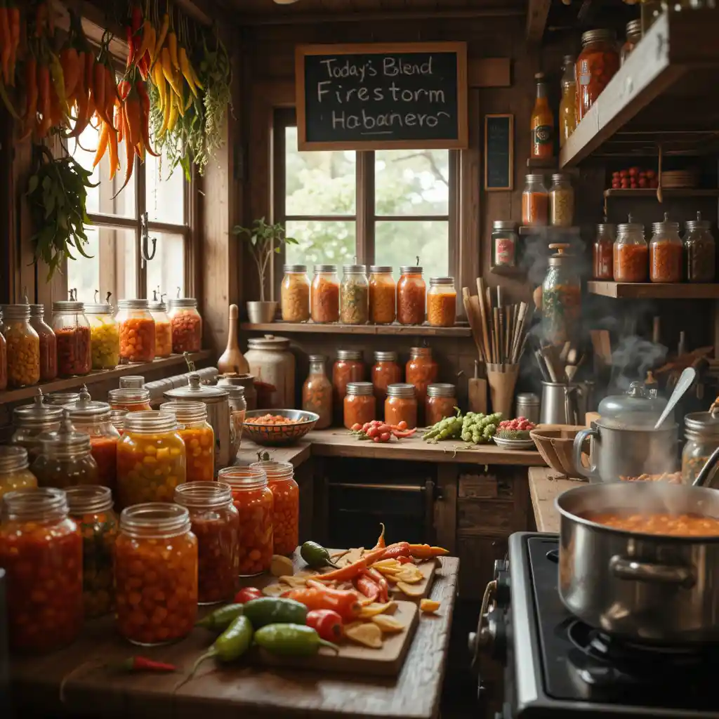 Cozy rustic kitchen with colorful chili peppers and sauces