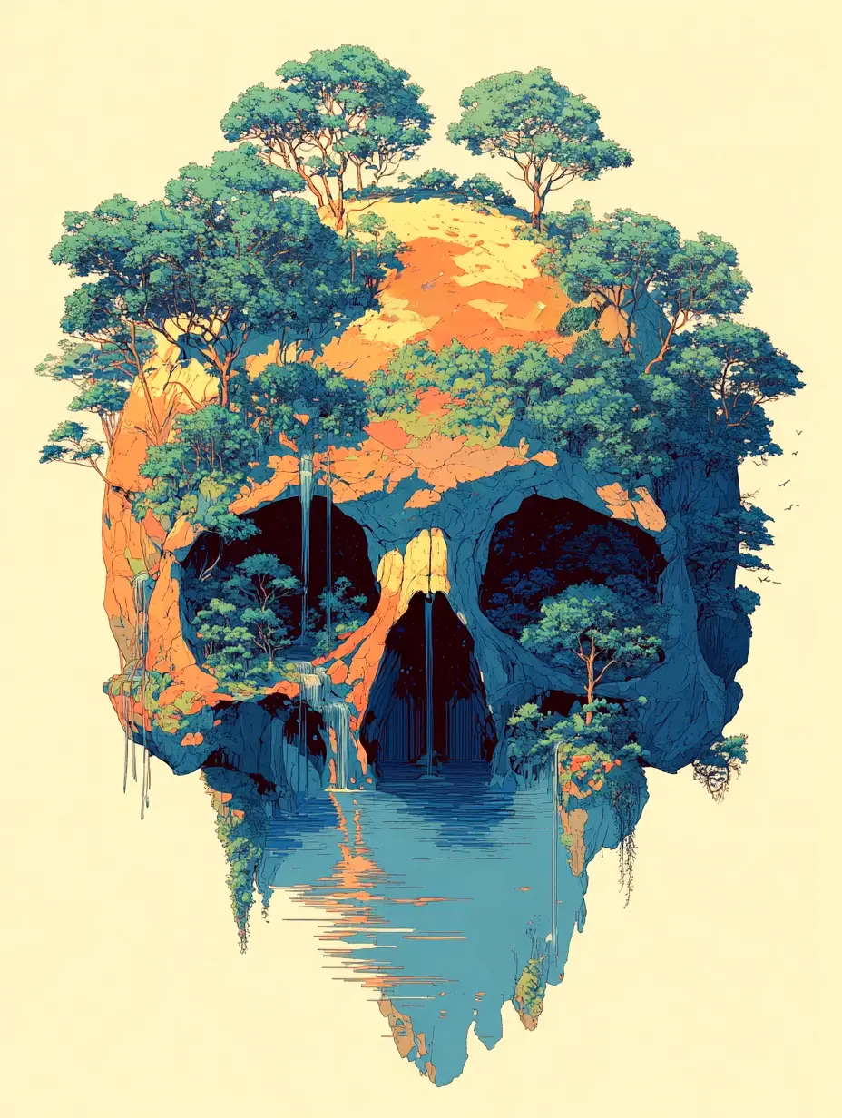 Surreal Skull Landscape With Trees And Flowing River