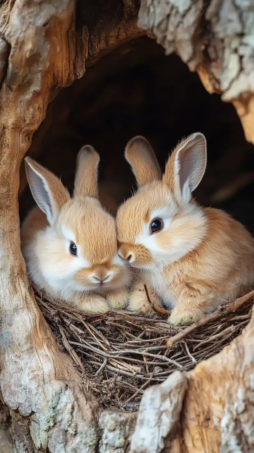 Two little rabbits resting in a mossy tree hollow