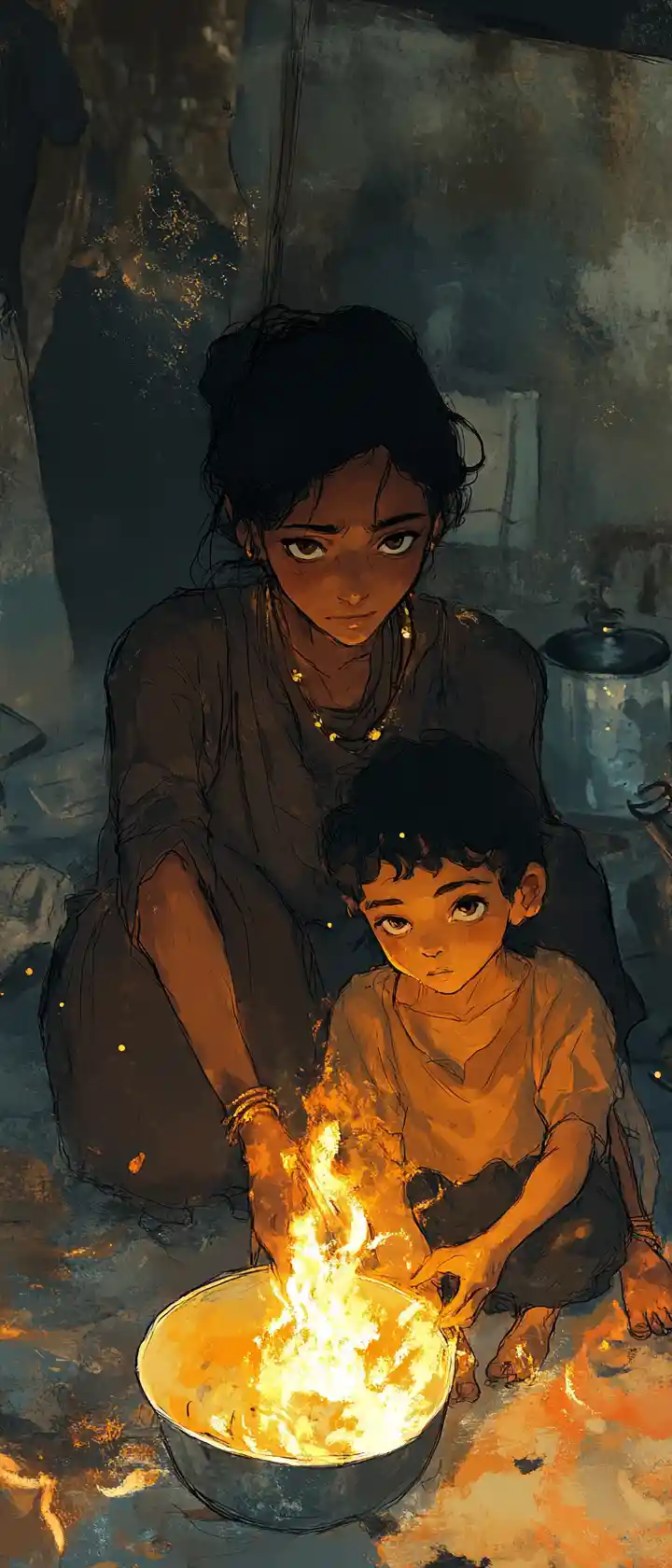 Mother And Child By Fire In Anime Refugee Camp Scene