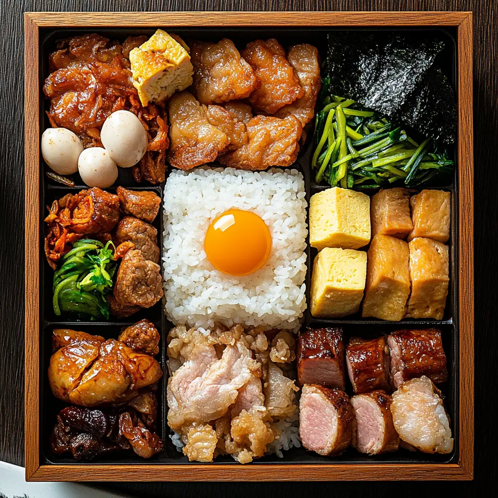 Traditional taiwanese bento with rice and assorted side dishes