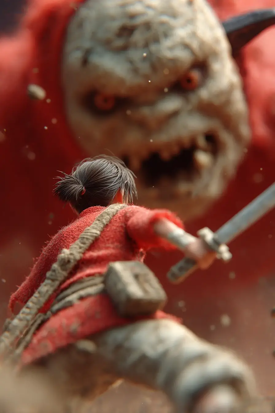 Japanese swordsman facing a raging demon in battle