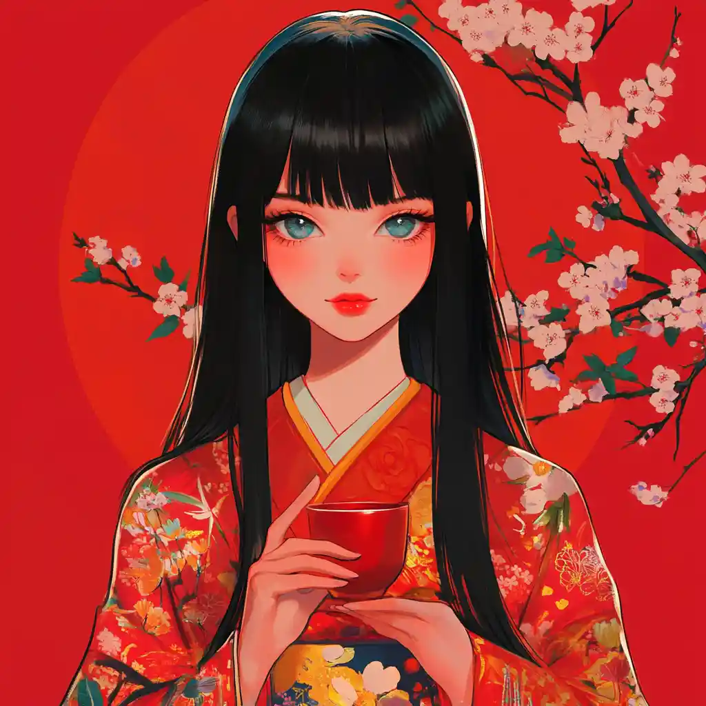 Anime girl in red kimono holding a small cup