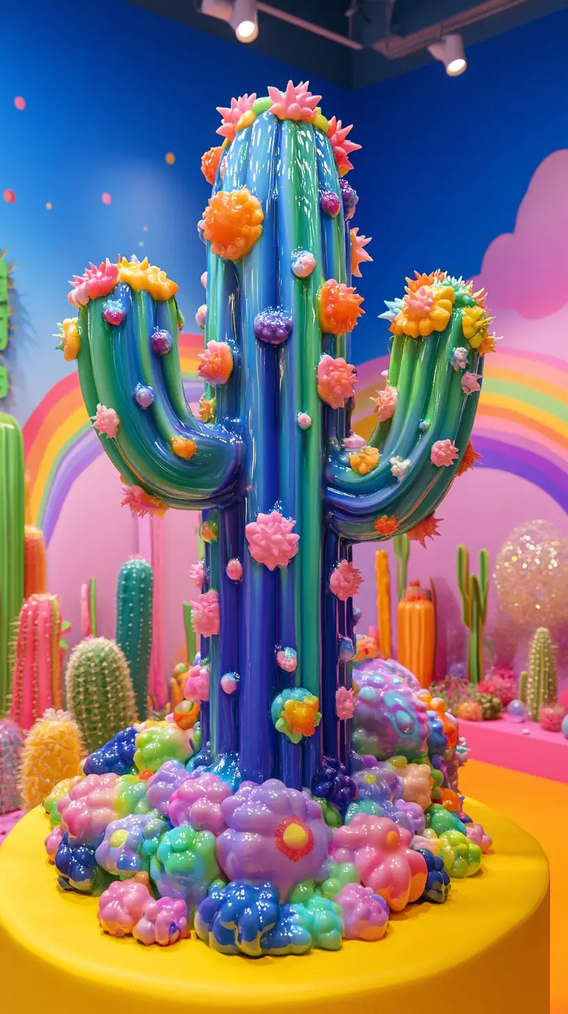 Colorful plastic cactus under a bright rainbow arch