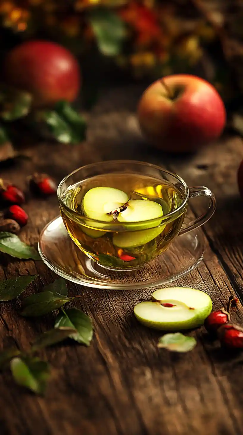 Nature morte chaleureuse de tisane d’églantier avec tranches de pomme verte
