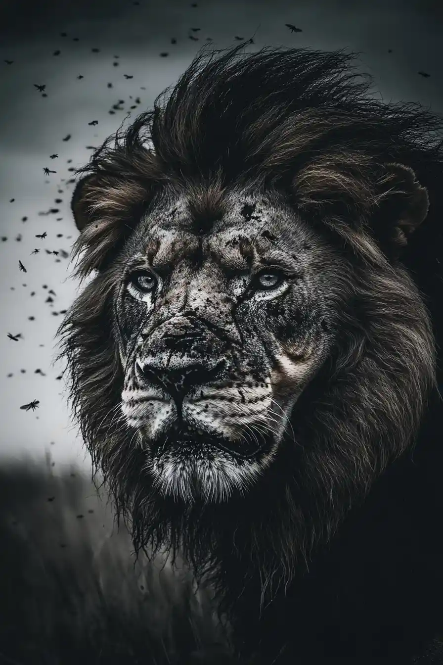 Scarred male lion staring over the barren savanna