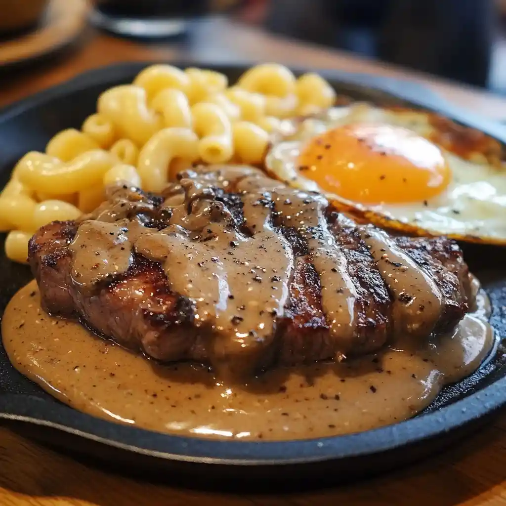 Sizzling steak with sauce macaroni and fried egg