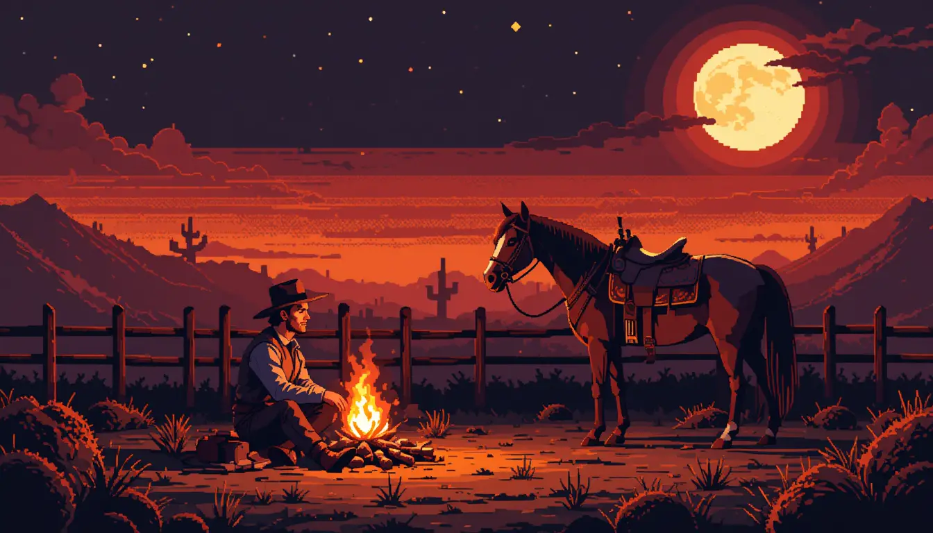 Cowboy And Horse By Campfire Under Starry Western Sky