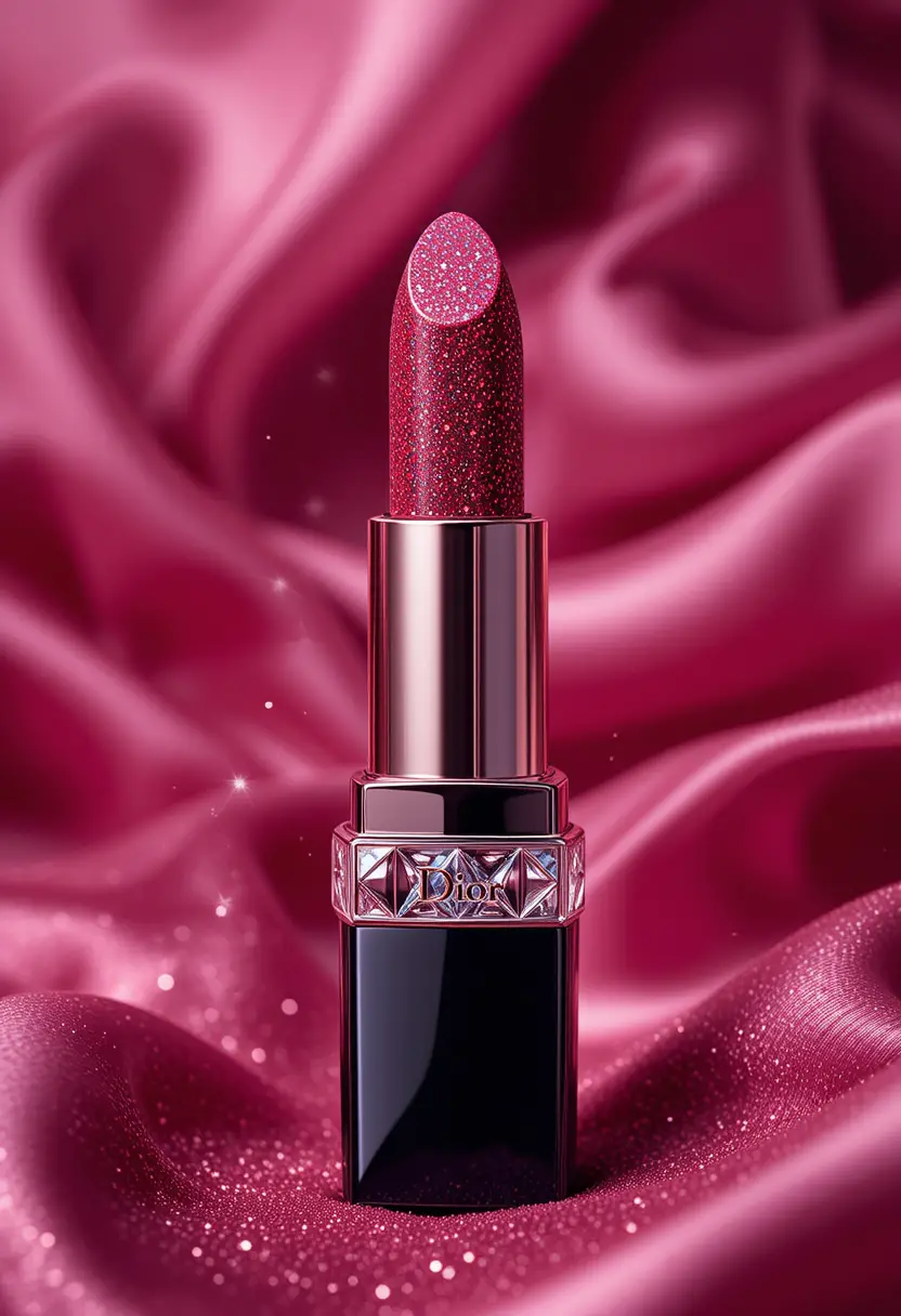 Luxurious Dior lipstick on silky magenta fabric background