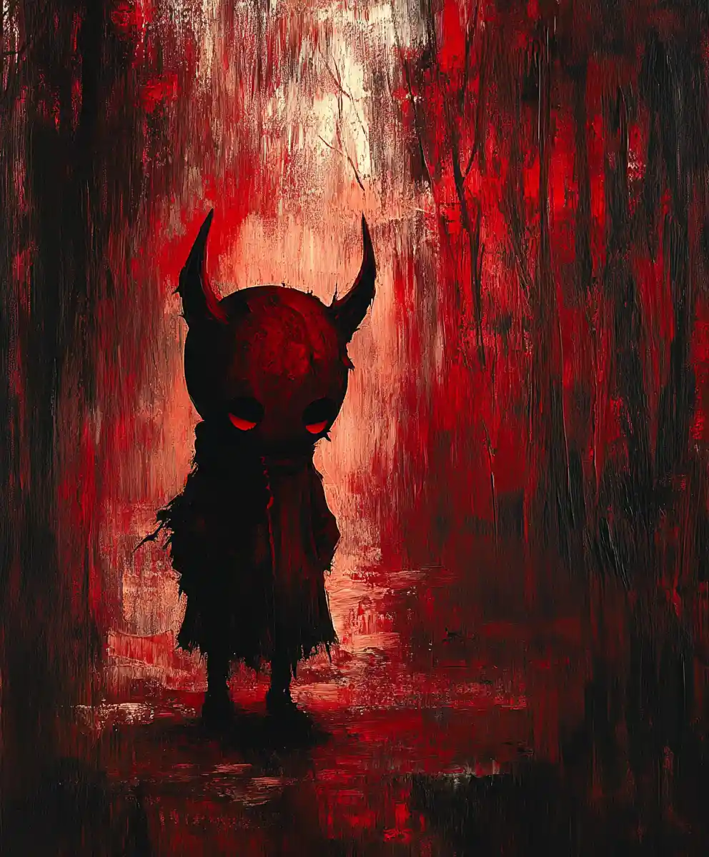 Sad little devil in dark vintage oil painting