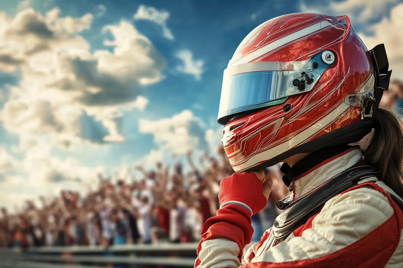 Female racing driver holding helmet on vibrant racetrack