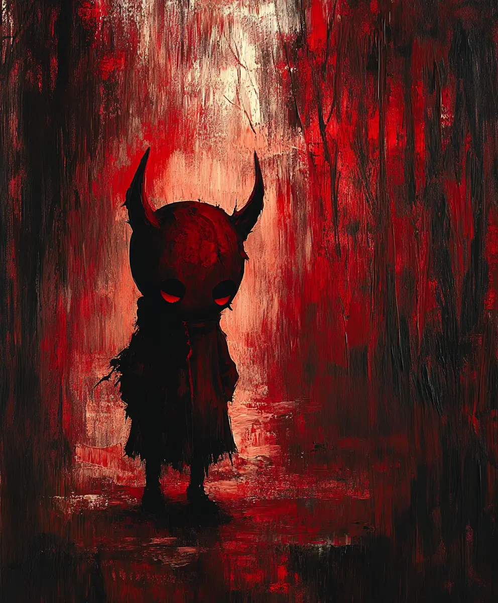 Sad little devil in dark vintage oil painting