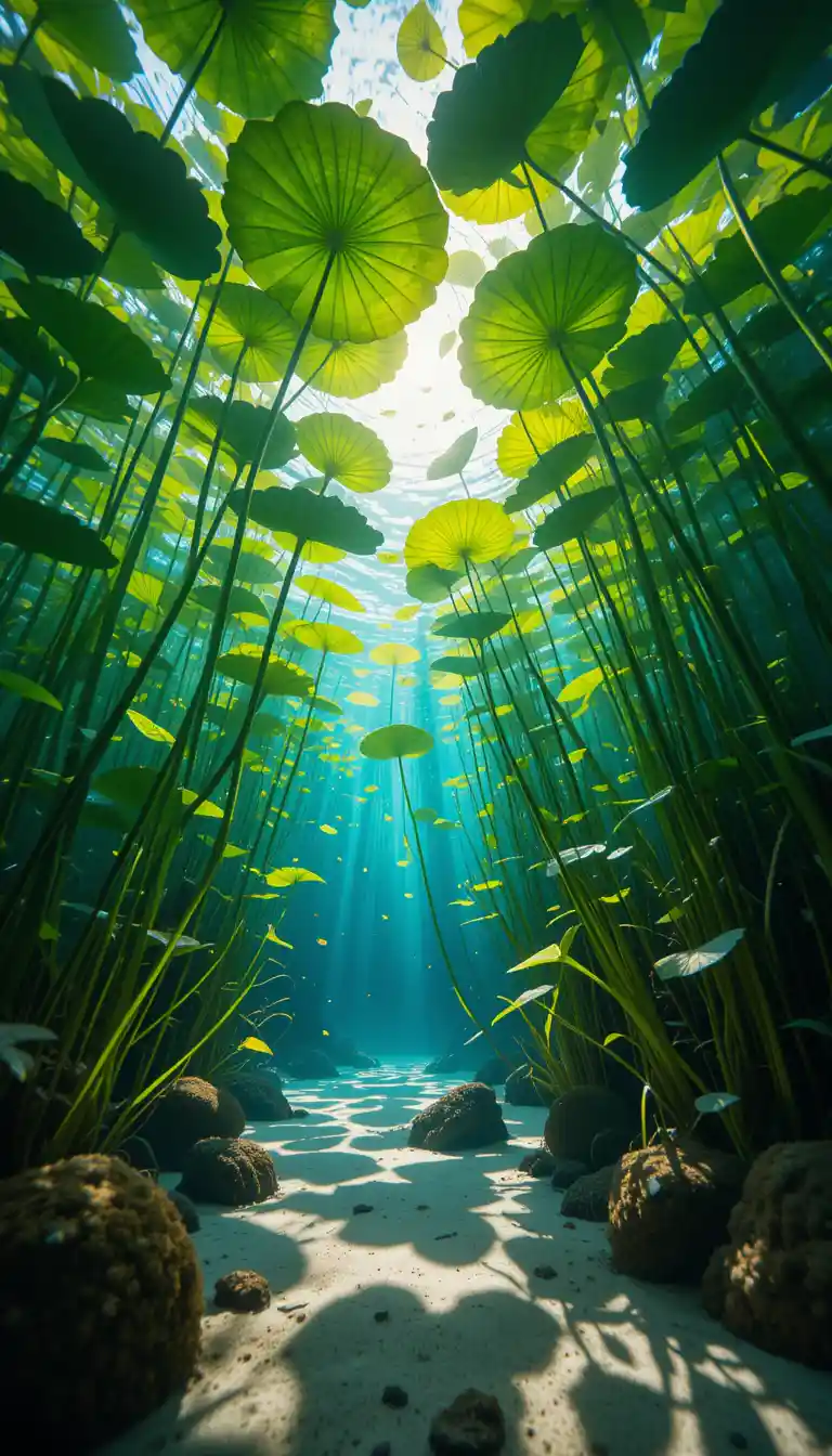 Serene underwater plants with sunlight and lily pads