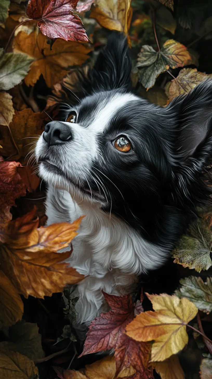 Close up puppy portrait among autumn forest leaves