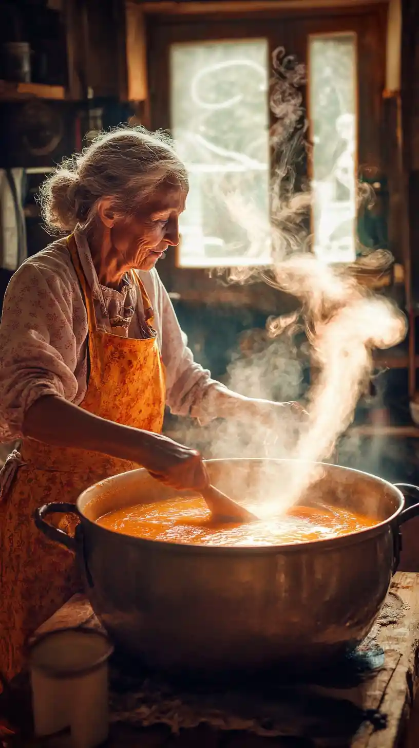 Elderly woman stirring magical soup in rustic kitchen