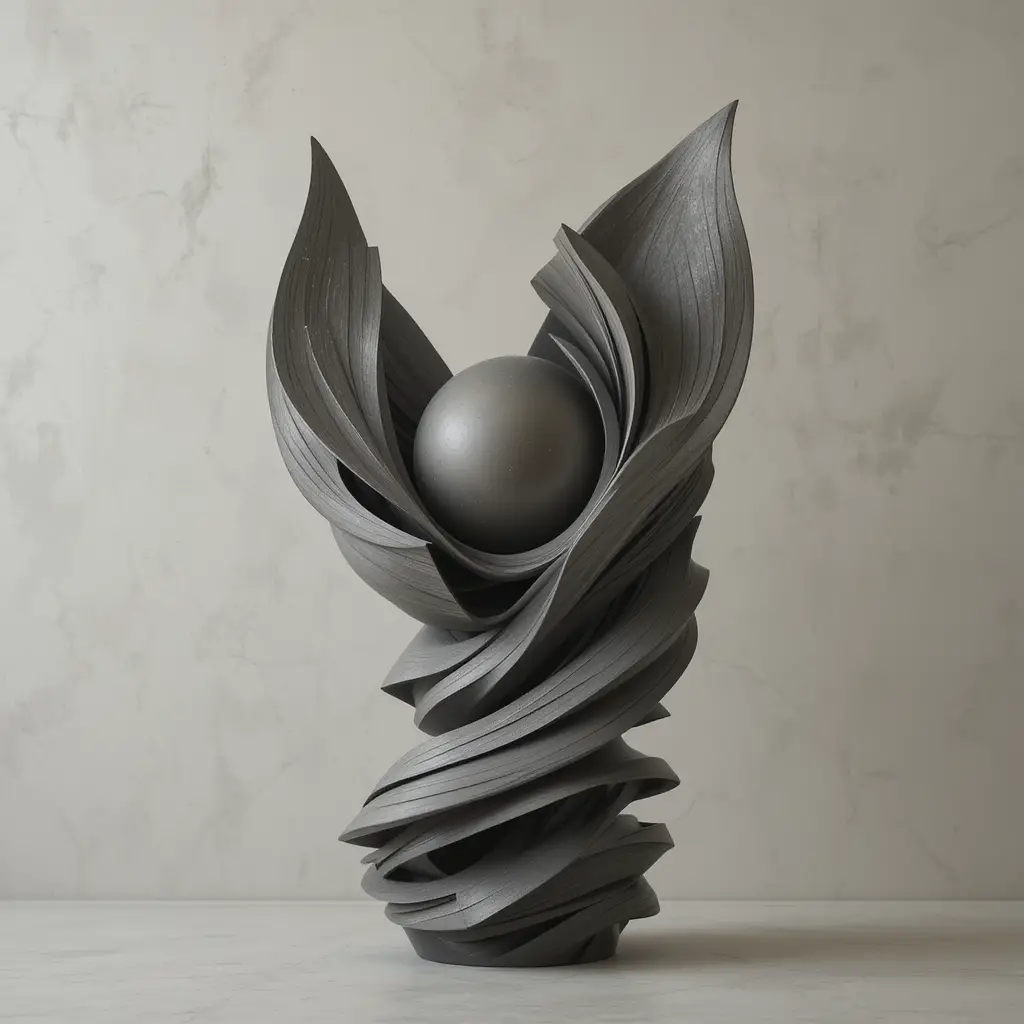 Abstract layered sculpture with central sphere and wings