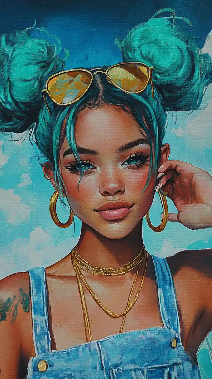 Turquoise haired girl portrait in retro denim top