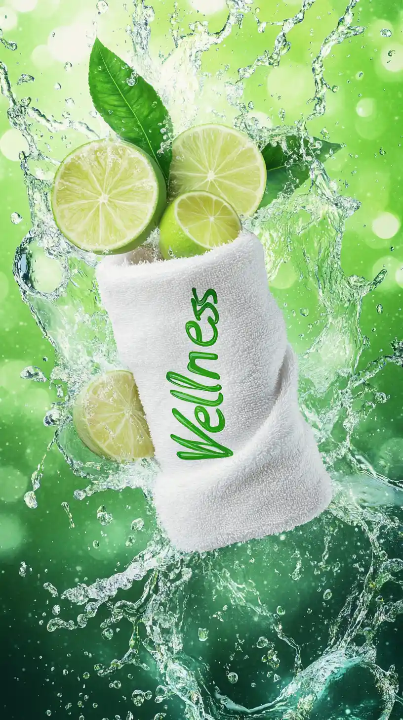 Floating white towel with water splashes and lime slices