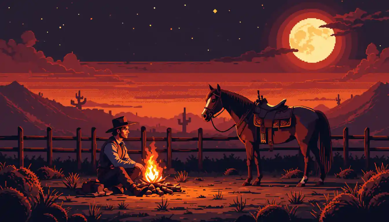 Cowboy And Horse By Campfire Under Starry Western Sky