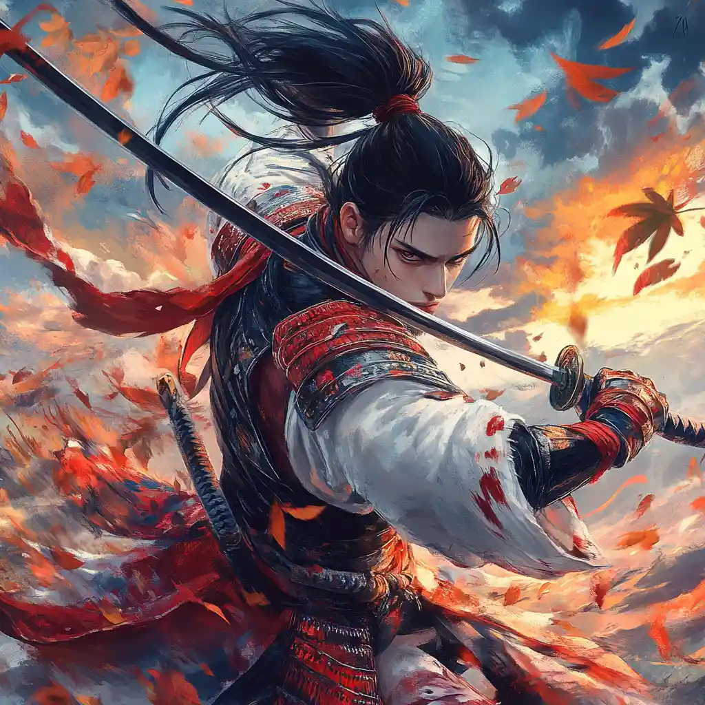 Anime samurai warrior with katana in swirling fiery sky