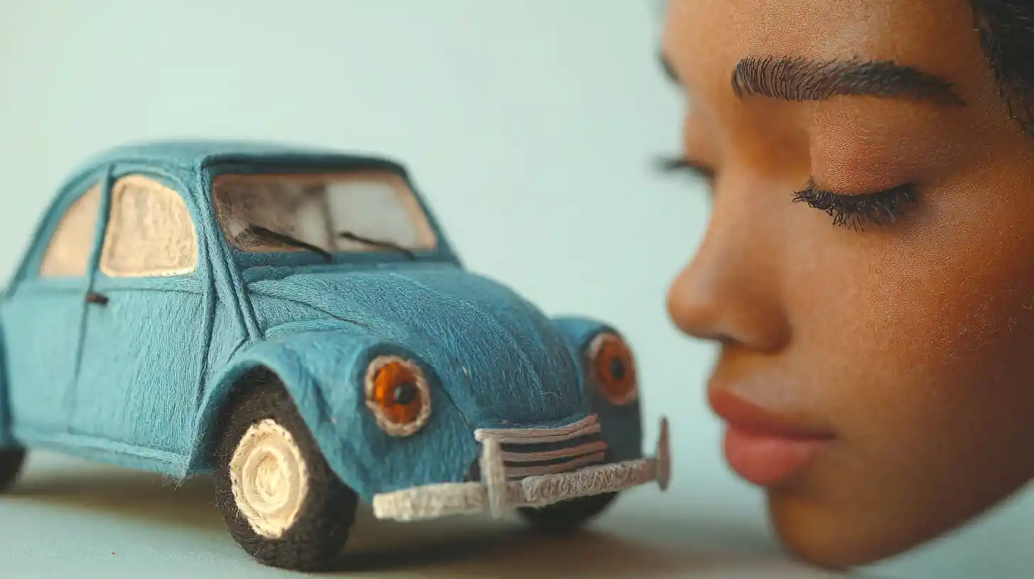 Wool Citroen car sculpture beside a gentle featured woman