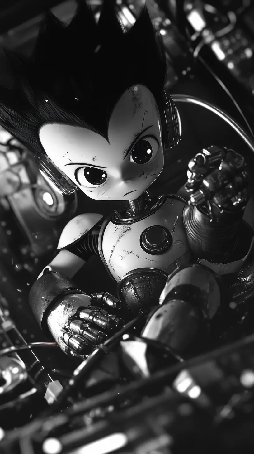 Injured robot boy lying on a laboratory floor