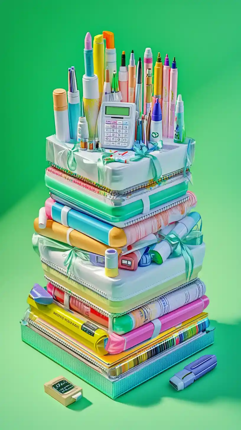 Layered school supplies cake wrapped in green ribbons