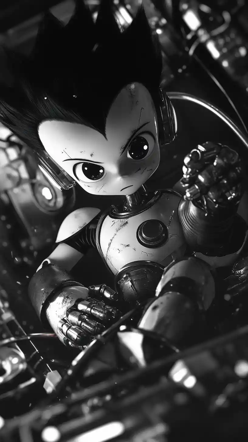 Injured robot boy lying on a laboratory floor