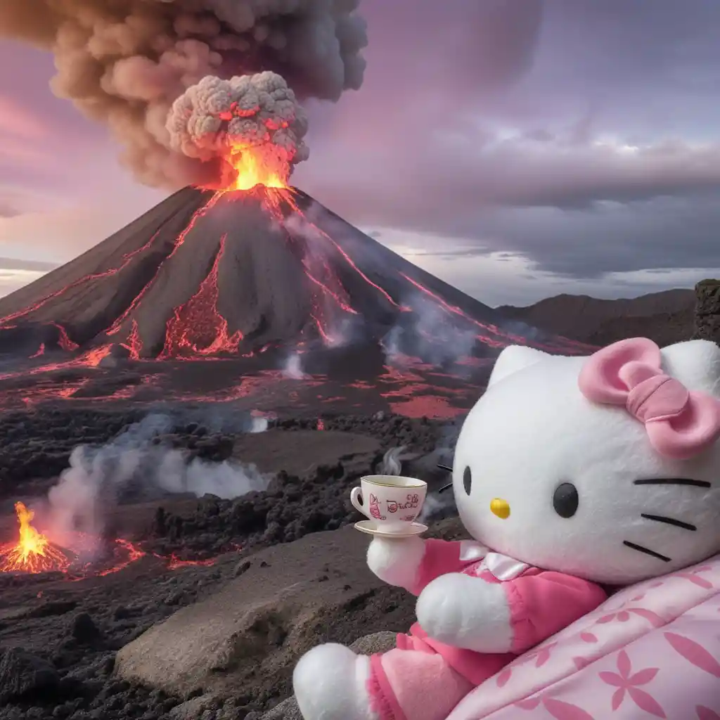 Peluches de chat blanc buvant du thé près d’un volcan en éruption
