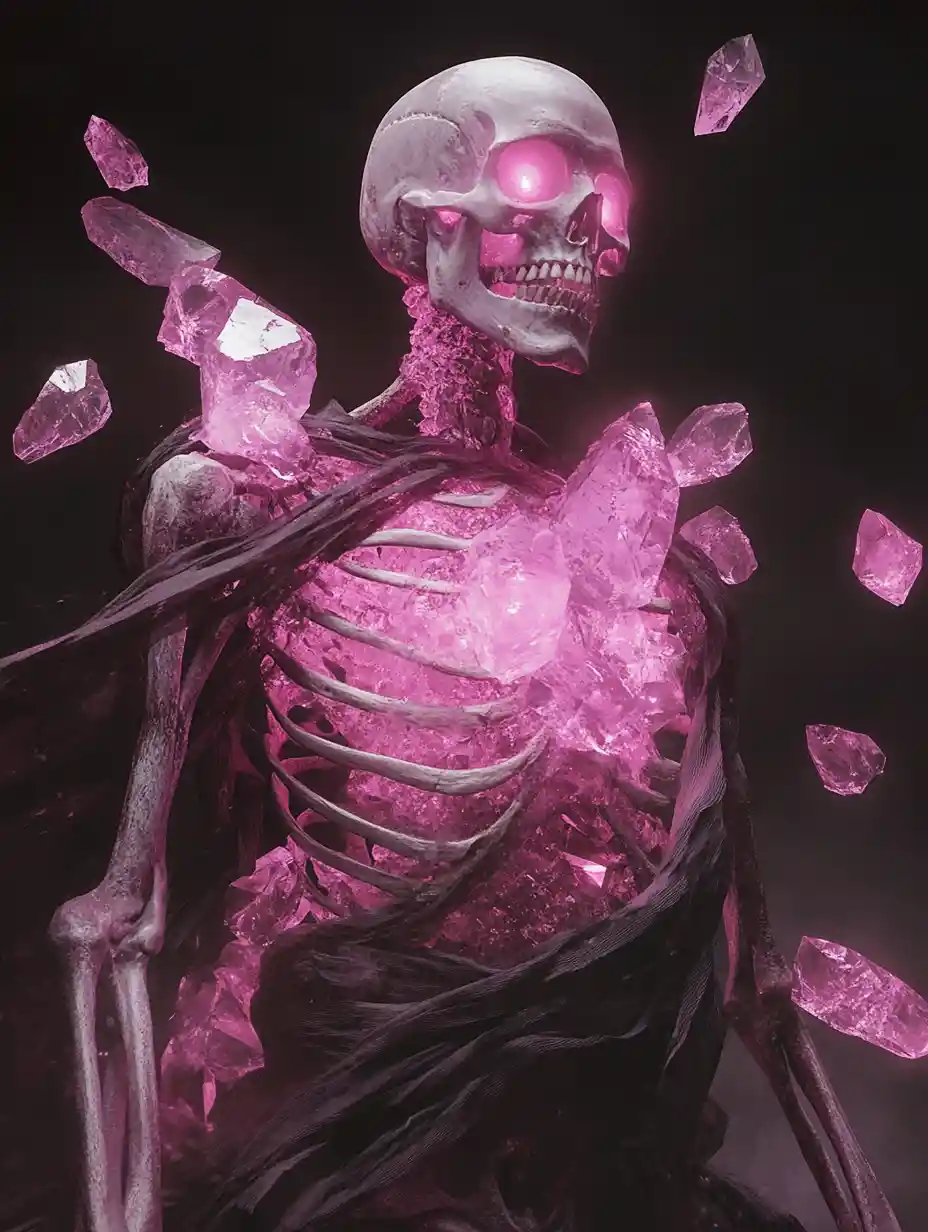 Surreal crystal humanoid with glowing skull and ribbons