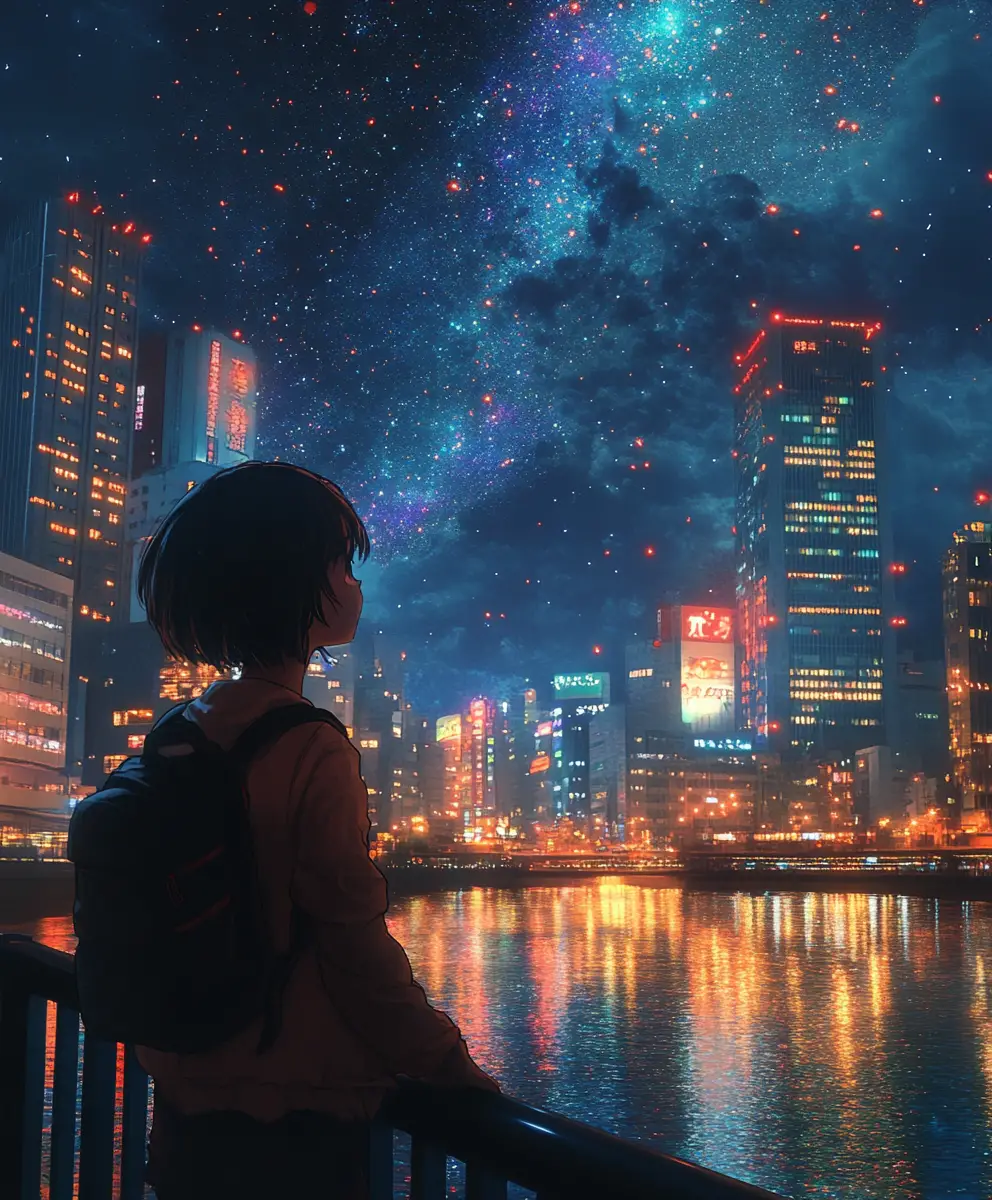 Anime girl by riverside railing under starry city sky