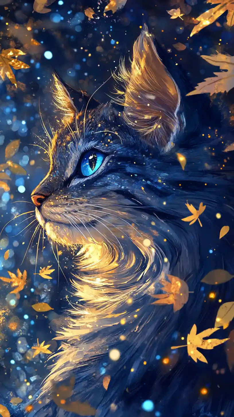 Fantasy cat with blue eyes and glowing golden mane
