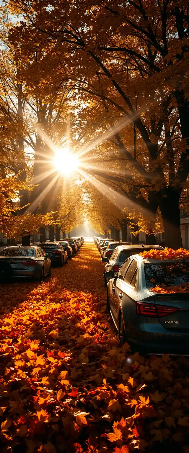 Suburban street covered in golden autumn leaves