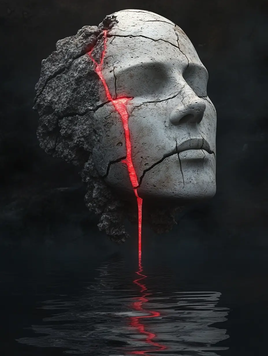 Stone Head Shedding Glowing Red Tears Over Dark Water