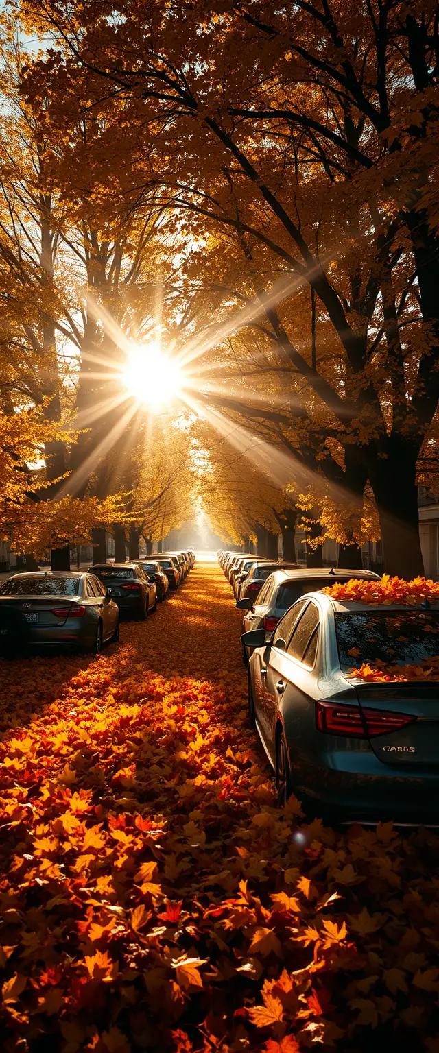 Suburban street covered in golden autumn leaves
