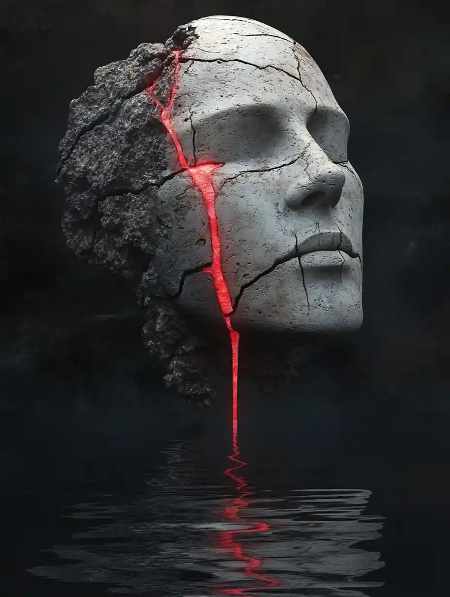 Stone Head Shedding Glowing Red Tears Over Dark Water