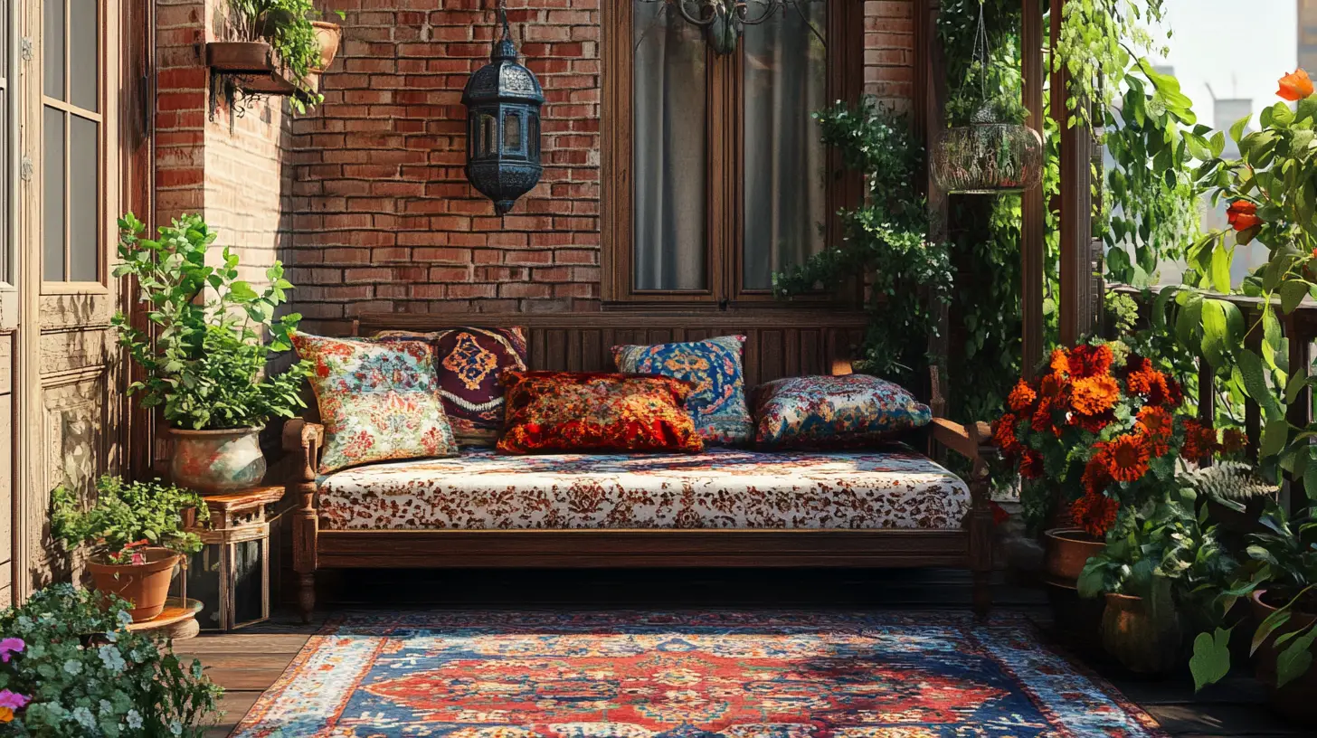 Cozy bohemian balcony with wooden daybed and plants