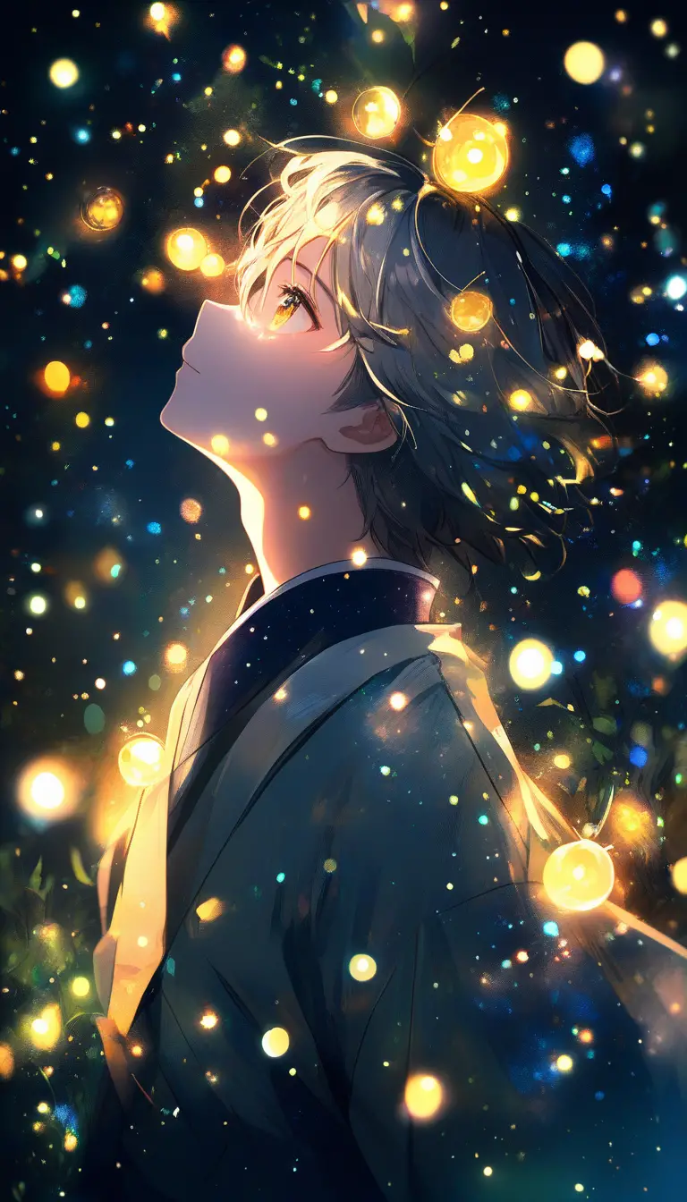 Young man in kimono watching fireflies in dark forest