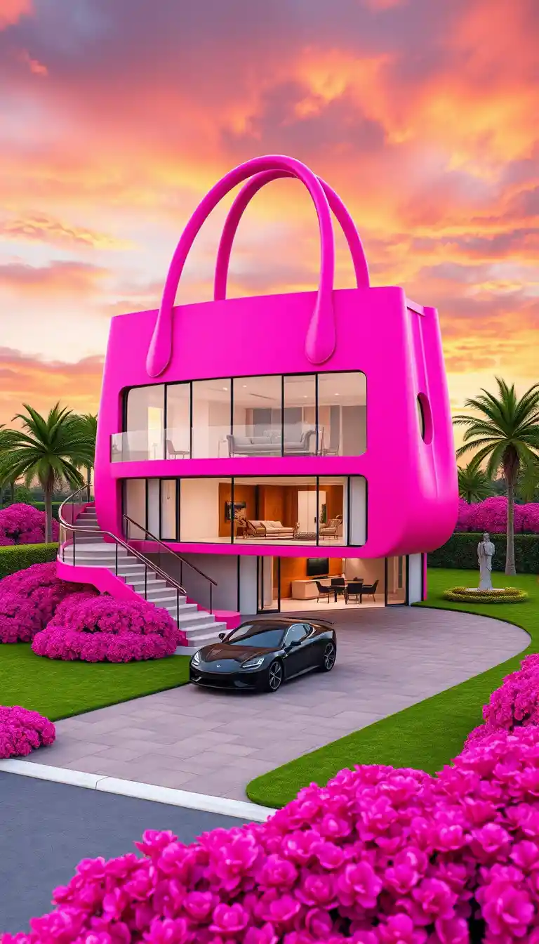 Whimsical Pink Handbag Shaped House At Sunset Landscape