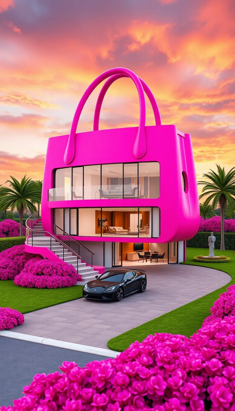 Whimsical Pink Handbag Shaped House At Sunset Landscape