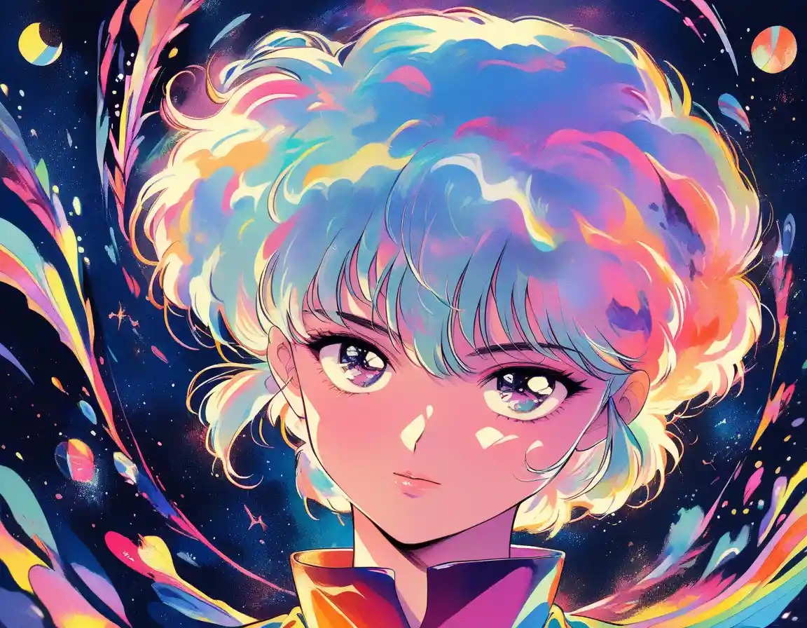 White haired anime girl in dreamy colorful illustration