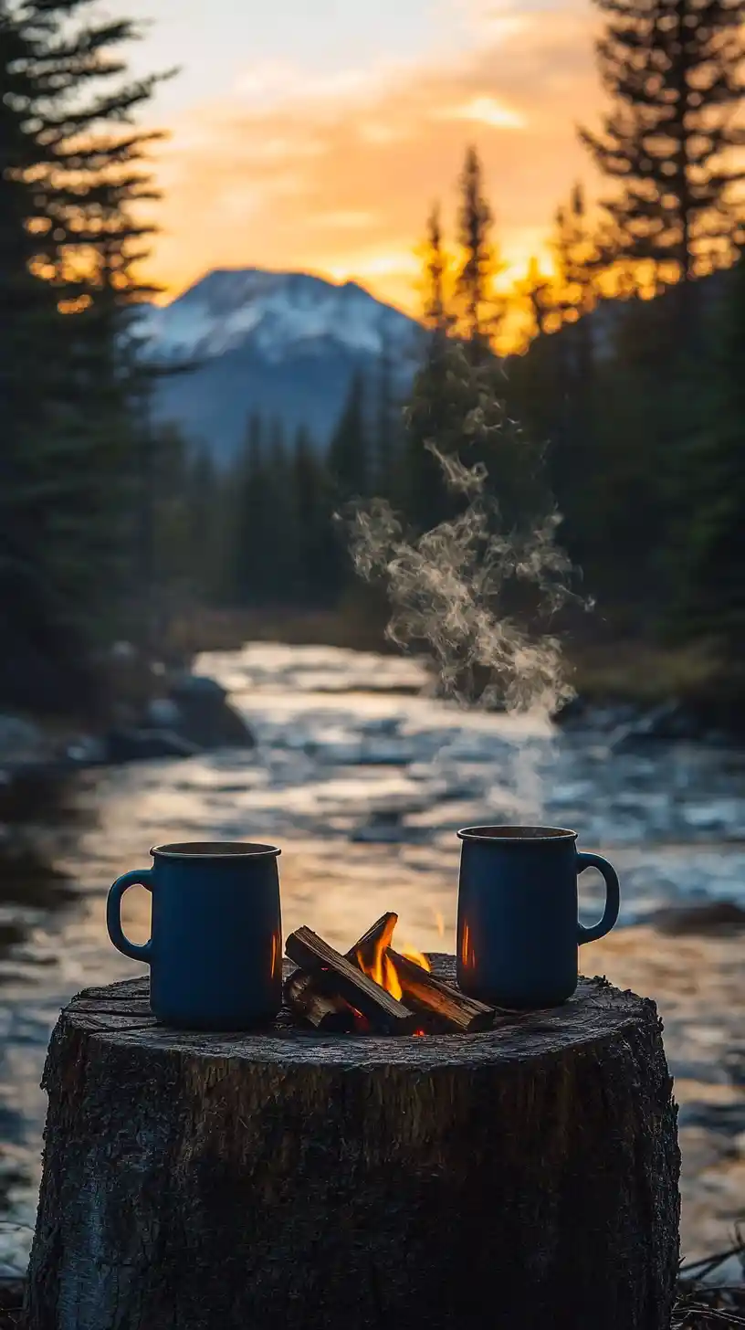 Cozy campfire tea beside a river at sunset