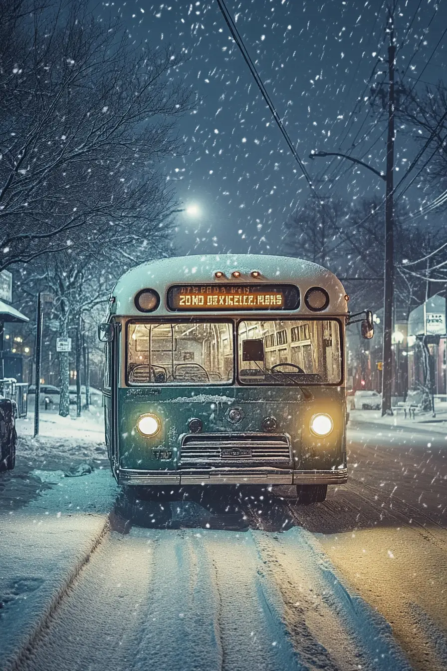 Vintage bus on a quiet snowy street at night