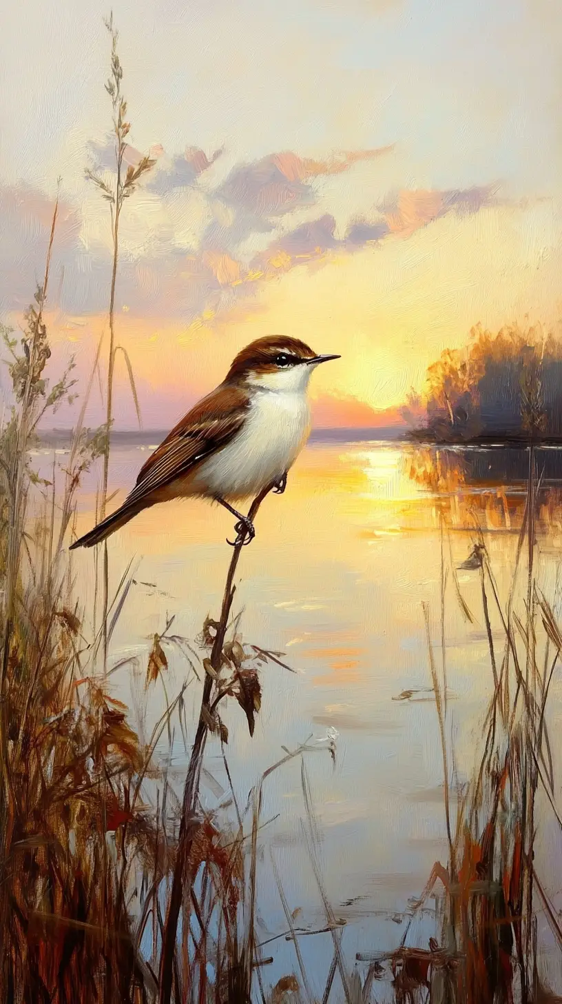 Small bird on lakeside branch at golden sunset